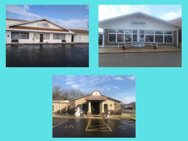 Photo of three library buildings on a light blue background